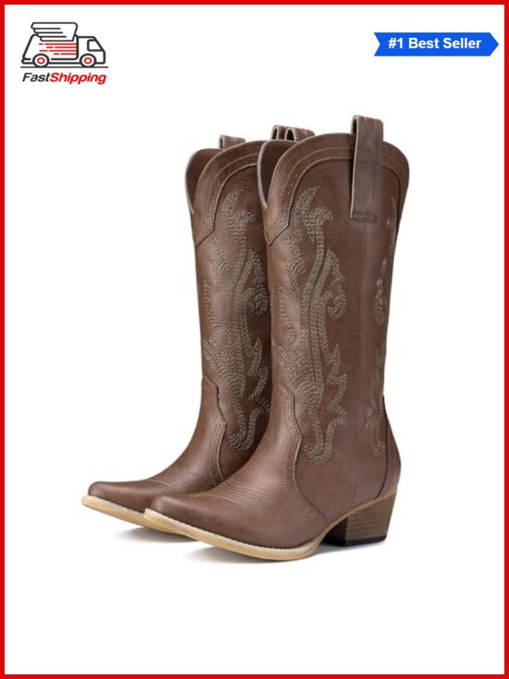 ✨ HISEA Women's Mid Calf Western Cowboy Boots Faux Leather Pointed Toe Block